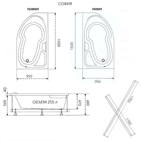 Акриловая ванна Triton София 150x95 правая